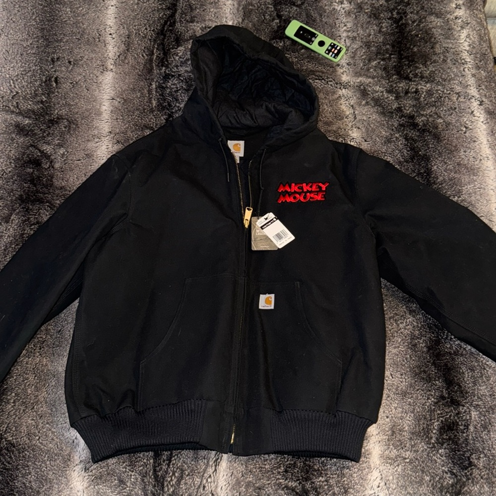 Carhartt Black Zip Hoodie Jacket with Red 'Mickey Mouse' Embroidery